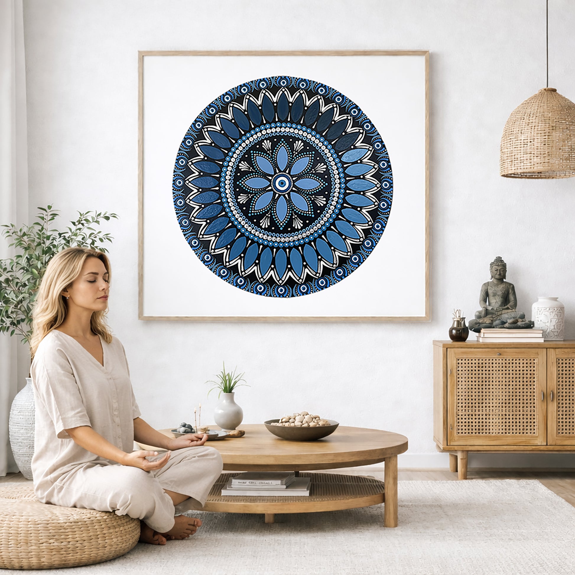 Intricate all blue mandala with layered circular symmetry and detailed geometric patterns, calming meditation artwork printed on a mindfulness poster.  The mandala poster is framed and is in the center of the living room wall. A woman is on a chair on the left side of his living room meditating. There is a green potted plant behind her. On the right side is a cabinet with a Buddha statue on it.
