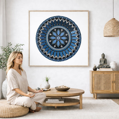 Intricate all blue mandala with layered circular symmetry and detailed geometric patterns, calming meditation artwork printed on a mindfulness poster.  The mandala poster is framed and is in the center of the living room wall. A woman is on a chair on the left side of his living room meditating. There is a green potted plant behind her. On the right side is a cabinet with a Buddha statue on it.
