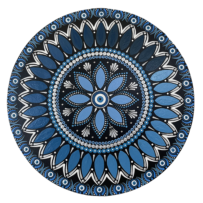 Thumbnail of a Intricate all blue mandala with layered circular symmetry and detailed geometric patterns, calming meditation artwork printed on a mindfulness poster. This is a print of the original hand-painted mandala by Brazilian artist Claudia Stagni.