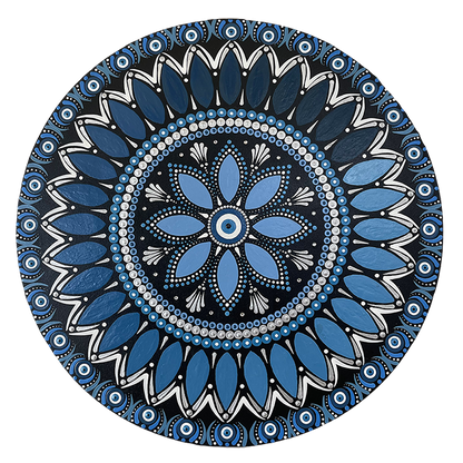 Thumbnail of a Intricate all blue mandala with layered circular symmetry and detailed geometric patterns, calming meditation artwork printed on a mindfulness poster. This is a print of the original hand-painted mandala by Brazilian artist Claudia Stagni.