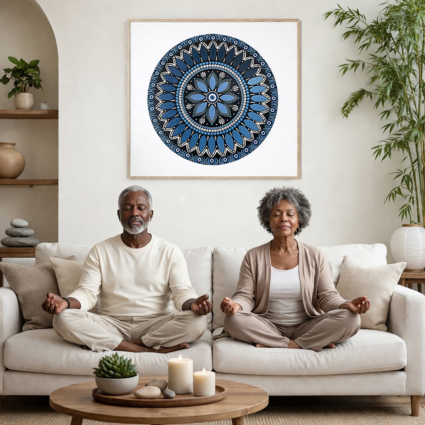 Intricate all blue mandala with layered circular symmetry and detailed geometric patterns, calming meditation artwork printed on a mindfulness poster.  A couple is meditating on their couch. The mandala is framed on a wall behind them. There is a coffee table in front with candles burning and a potted plant. There is a potted plant to the right and shelves on the left.