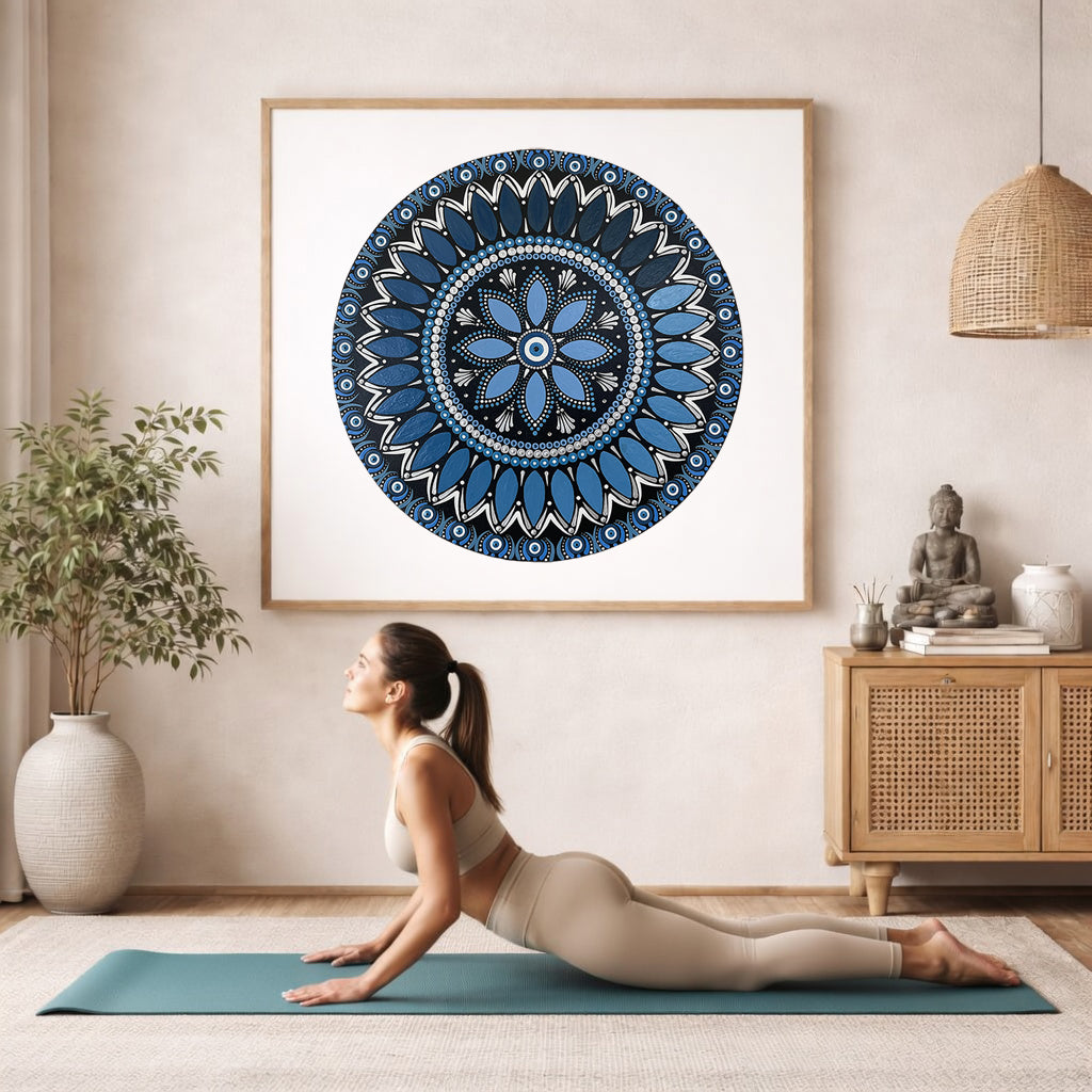 Intricate all blue mandala with layered circular symmetry and detailed geometric patterns, calming meditation artwork printed on a mindfulness poster.  The mandala framed is hanging on the wall. A woman on her yoga mat is doing the cobra pose in front of the poster. here is a potted plant on the left side and a cabinet with a Buddha statue on it on the right side.