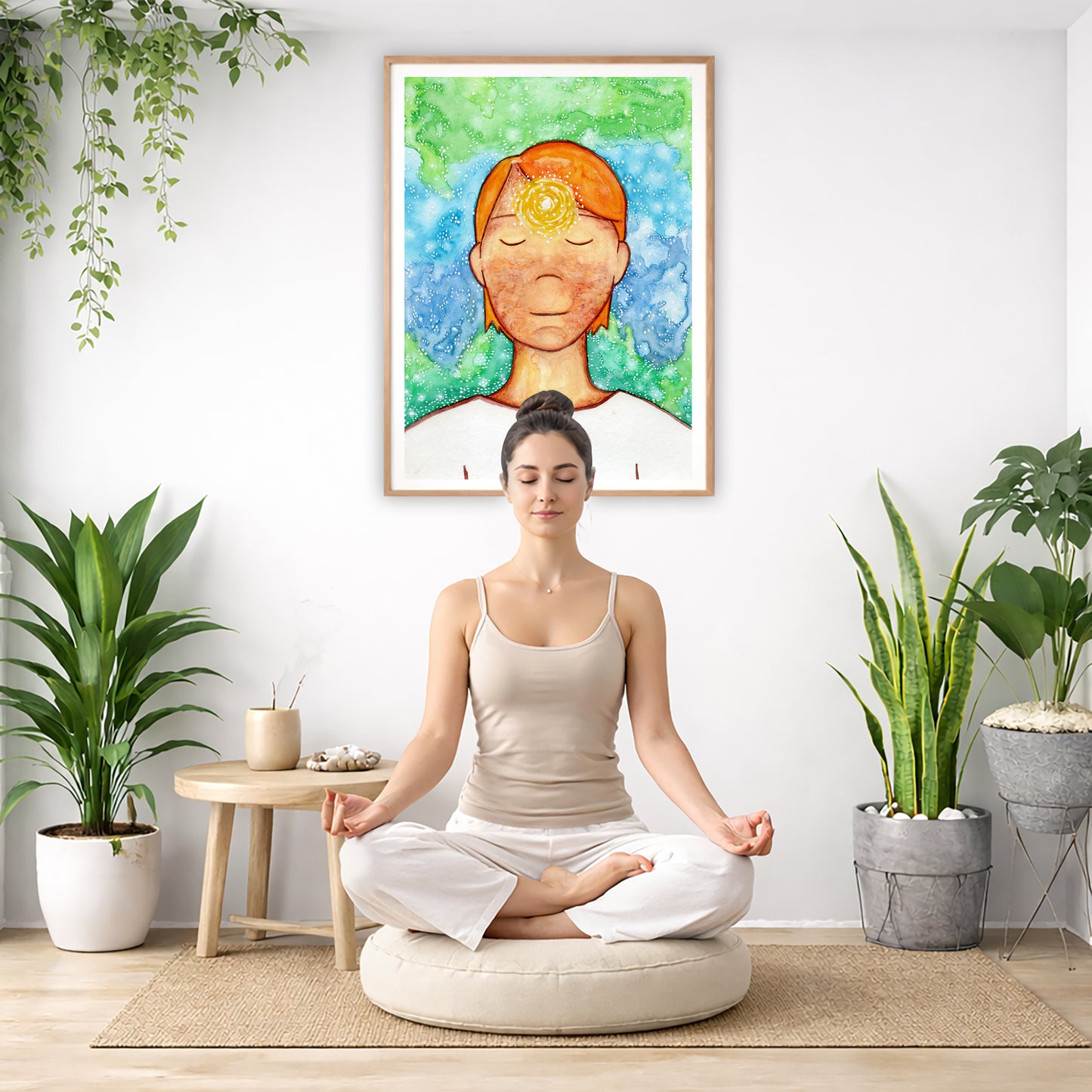 Poster of a man with a glowing brow chakra.  There is a woman meditating on a pillow facing away from the wall. There is a small table beside her with incense and meditation stones. There are potted plants on the right and left side of the background.
