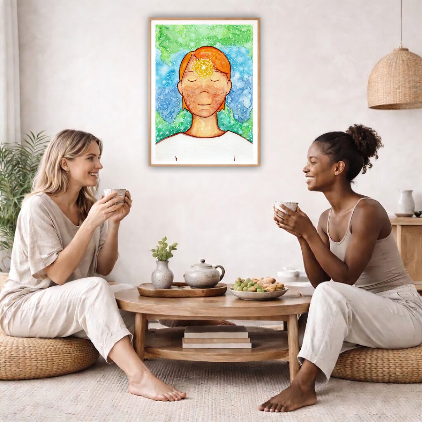Poster of a man with a glowing brow chakra.  The poster is in the center of the living room wall. Two female friends are having tea, grapes and cookies on a coffee table in front of the poster. On the left there is a green potted plant and to the right there is a hanging lamp.
