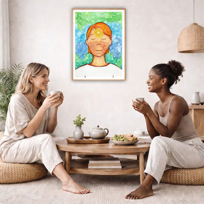 Poster of a man with a glowing brow chakra.  The poster is in the center of the living room wall. Two female friends are having tea, grapes and cookies on a coffee table in front of the poster. On the left there is a green potted plant and to the right there is a hanging lamp.
