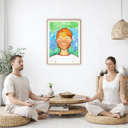Poster of a man with a glowing brow chakra. The poster is in the center of the living room wall. Two friends are sitting on wicker pillows meditating. Between them is a small round coffee table with incense, a green potted plant and a bowl of shells. There is a potted plant to the left and a Buddha statue and a vase to the right. 