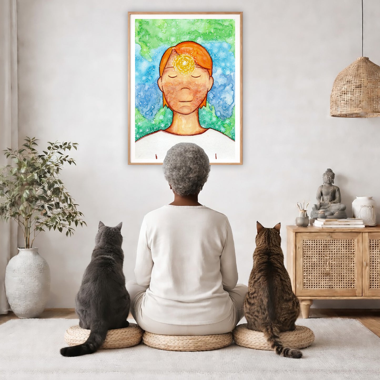 Poster of a man with a glowing brow chakra.  The poster is in the center of the living room wall. A woman is meditating facing the poster with a white cat on her left side and a black cat on her right side. There is a potted plant on the left side and a cabinet with a Buddha statue on it on the right side. 
