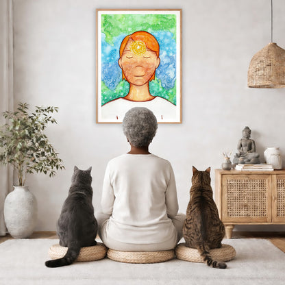 Poster of a man with a glowing brow chakra.  The poster is in the center of the living room wall. A woman is meditating facing the poster with a white cat on her left side and a black cat on her right side. There is a potted plant on the left side and a cabinet with a Buddha statue on it on the right side. 
