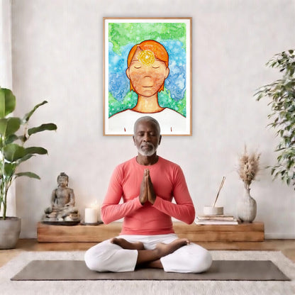 Poster of a man with a glowing brow chakra.  The poster is in the center of the living room wall. There is a man meditating facing away from the wall. Behind him is a coffee table with incense and a Buddha statue. There are potted plants on the right and left side of the background.
