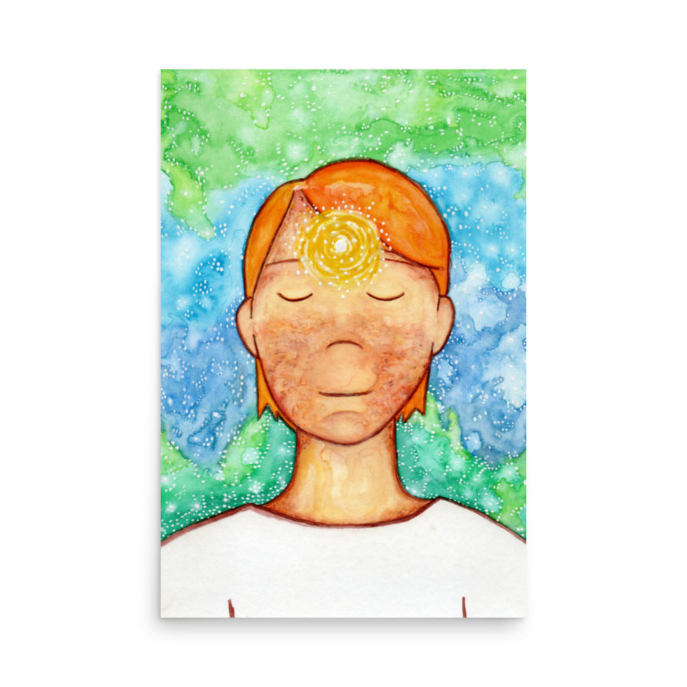 Poster of a man with a glowing brow chakra.  This is a print of the original hand-painted watercolor by Brazilian artist Thaís Suizo for the LET'S MEDITATE SERIES of mediation guides.