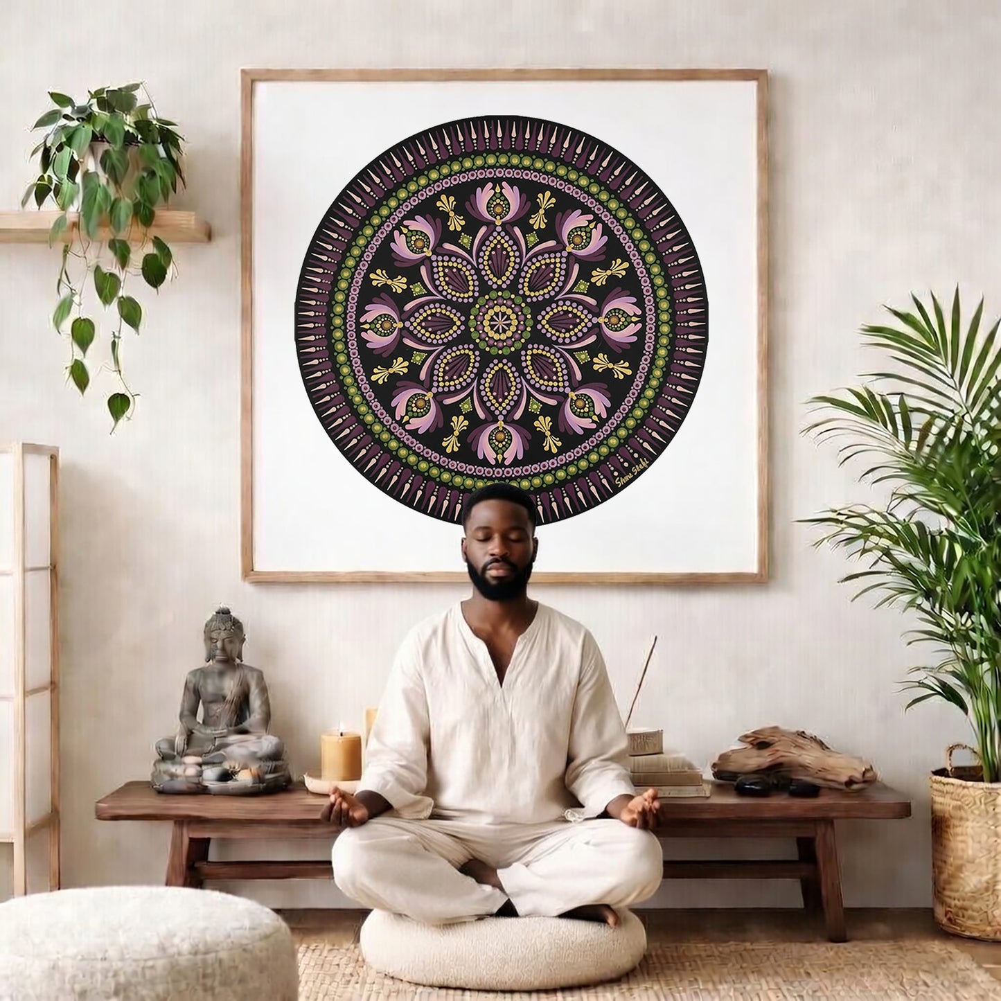 Mandala with bold magenta outer rim and intricate geometric layers, vibrant meditation design on a poster.  The mandala poster is framed and is in the center of the living room wall. There is a man meditating facing away from the wall. Behind him is a coffee table with incense and a Buddha statue. There are potted plants on the right and left side of the background. 
