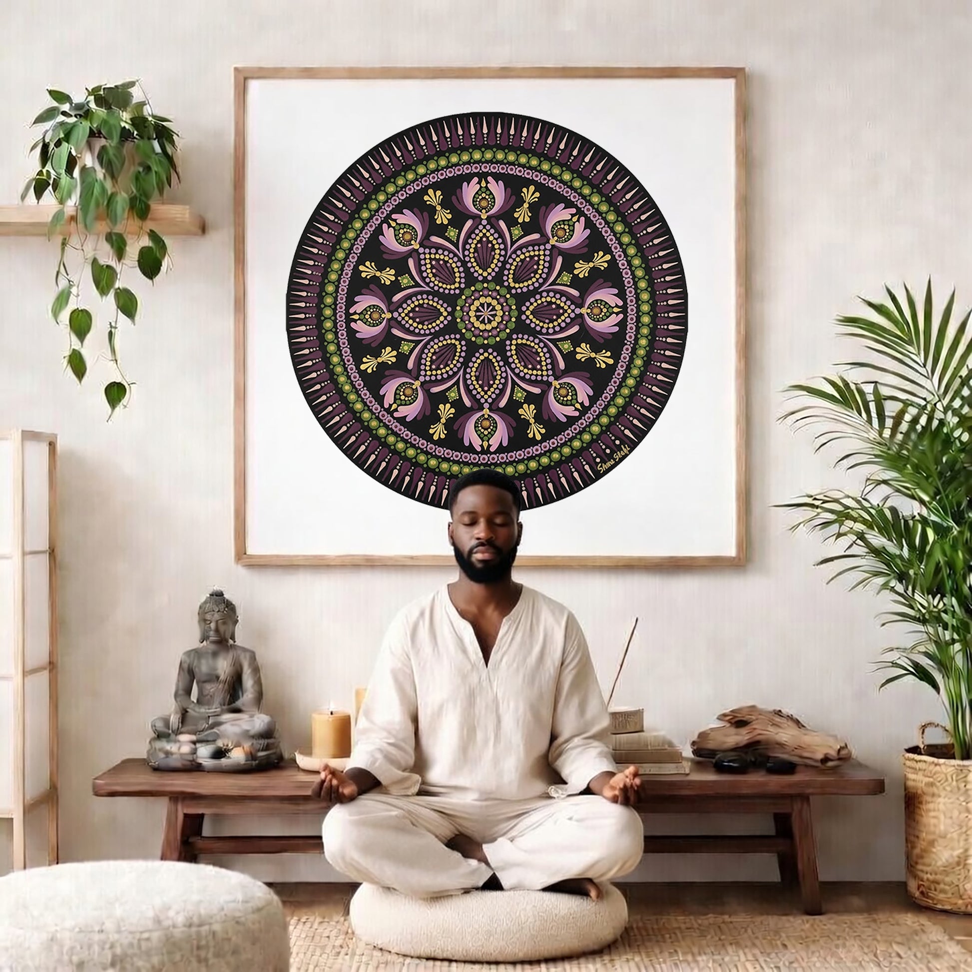 Mandala with bold magenta outer rim and intricate geometric layers, vibrant meditation design on a poster.  The mandala poster is framed and is in the center of the living room wall. There is a man meditating facing away from the wall. Behind him is a coffee table with incense and a Buddha statue. There are potted plants on the right and left side of the background. 
