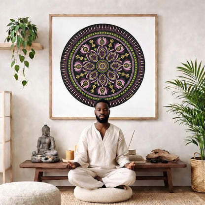 Mandala with bold magenta outer rim and intricate geometric layers, vibrant meditation design on a poster.  The mandala poster is framed and is in the center of the living room wall. There is a man meditating facing away from the wall. Behind him is a coffee table with incense and a Buddha statue. There are potted plants on the right and left side of the background. 
