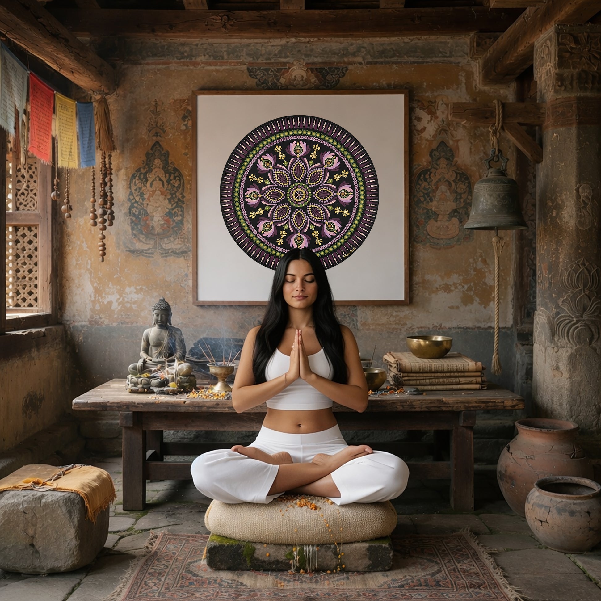 Mandala with bold magenta outer rim and intricate geometric layers, vibrant meditation design on a poster. A woman is meditating in a Buddhist temple. The mandala is on the wall behind her. There is a table behind her with a Buddha statue on it and burning incense. To the left is an open window. To the left are some clay pots and a bell. The wall behind her has very old faded images on it.