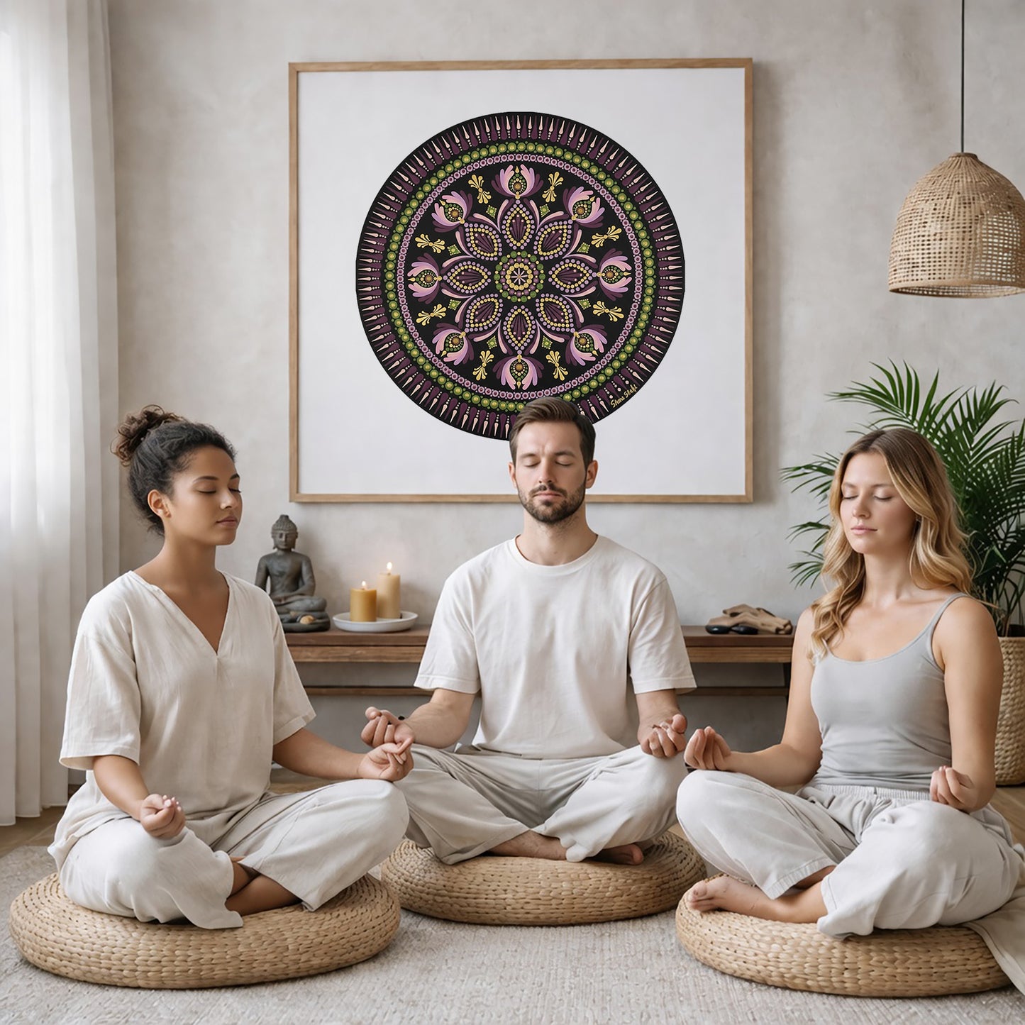 Mandala with bold magenta outer rim and intricate geometric layers, vibrant meditation design on a poster.  Three friends are sitting on wicker pillows meditating in a living room. The mandala framed is on the wall behind them. The table behind them has a Buddha statue and a lit candle. There is a white curtain to the left and a hanging lamp and a potted green plant on the right.