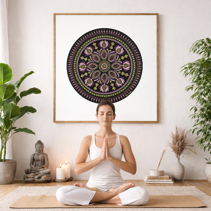 Mandala with bold magenta outer rim and intricate geometric layers, vibrant meditation design on a poster.  The mandala poster is framed and is in the center of the living room wall. A woman is meditating facing toward the front with praying hands. There is a potted green plant to her right and a potted green plant and Buddha statue to her left.
