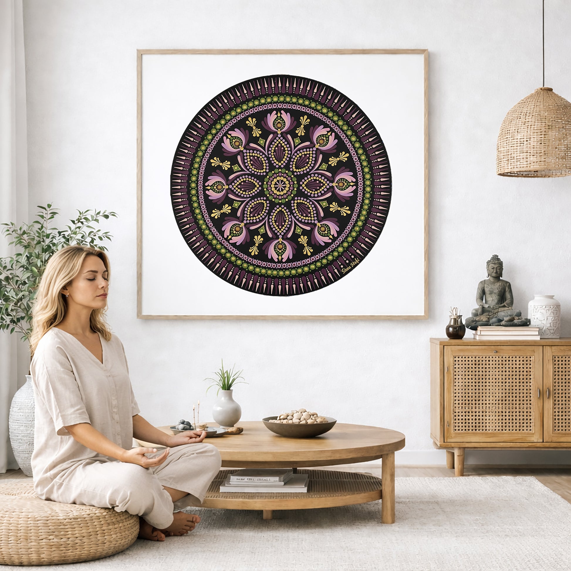 Mandala with bold magenta outer rim and intricate geometric layers, vibrant meditation design on a poster.   The mandala poster is framed and is in the center of the living room wall. A woman is on a chair on the left side of his living room meditating. There is a green potted plant behind her. On the right side is a cabinet with a Buddha statue on it.  
