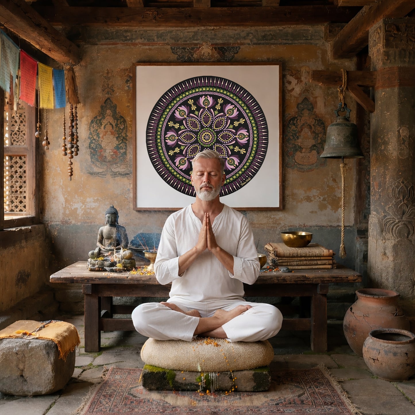 Mandala with bold magenta outer rim and intricate geometric layers, vibrant meditation design on a poster. A man is meditating in a Buddhist temple. The mandala is on the wall behind him. There is a table behind him with a Buddha statue on it and burning incense. To the left is an open window. To the left are some clay pots and a bell. The wall behind him has very old faded images on it.