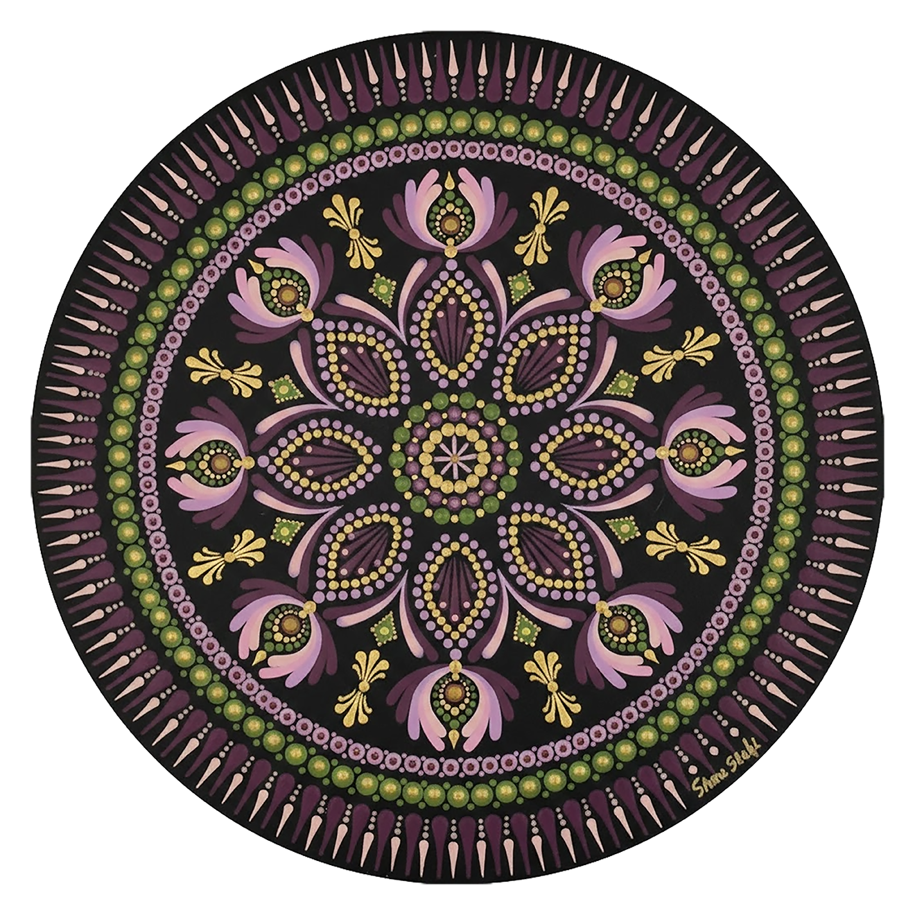 Mandala with bold magenta outer rim and intricate geometric layers, vibrant meditation design on a poster.  This is a print of the original hand-painted mandala by Brazilian artist Claudia Stagni.