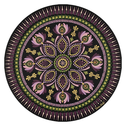 Mandala with bold magenta outer rim and intricate geometric layers, vibrant meditation design on a poster.  This is a print of the original hand-painted mandala by Brazilian artist Claudia Stagni.