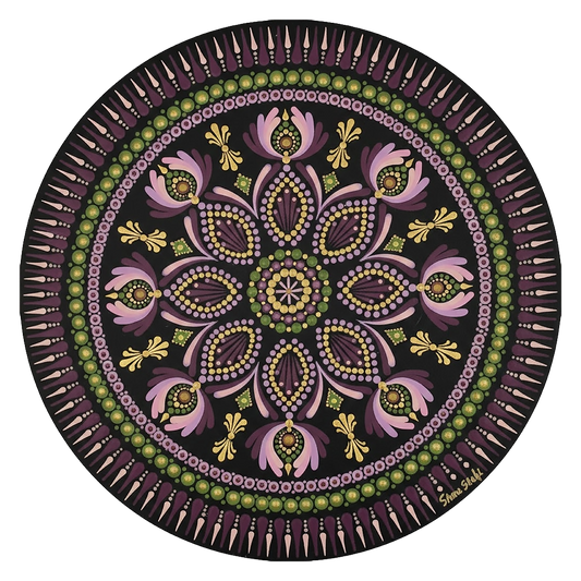 Mandala with bold magenta outer rim and intricate geometric layers, vibrant meditation design on a poster.  This is a print of the original hand-painted mandala by Brazilian artist Claudia Stagni.