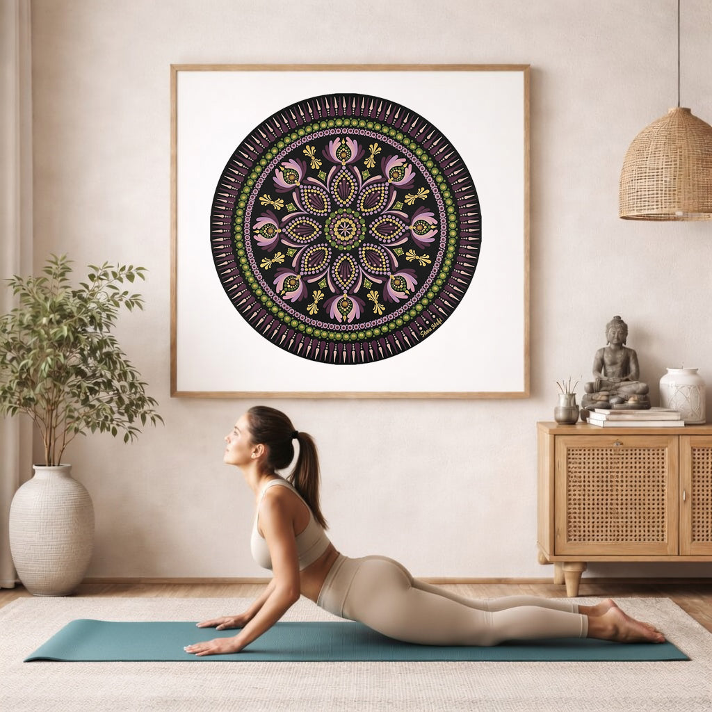 Mandala with bold magenta outer rim and intricate geometric layers, vibrant meditation design on a poster.  The mandala framed is hanging on the wall. A woman on her yoga mat is doing the cobra pose in front of the poster. here is a potted plant on the left side and a cabinet with a Buddha statue on it on the right side.
