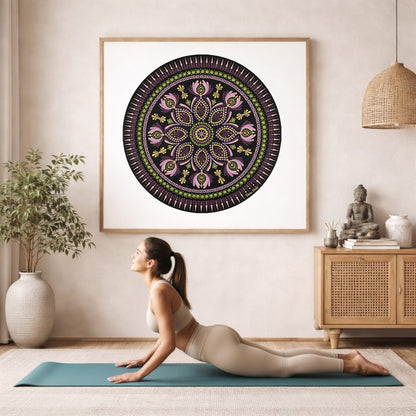Mandala with bold magenta outer rim and intricate geometric layers, vibrant meditation design on a poster.  The mandala framed is hanging on the wall. A woman on her yoga mat is doing the cobra pose in front of the poster. here is a potted plant on the left side and a cabinet with a Buddha statue on it on the right side.
