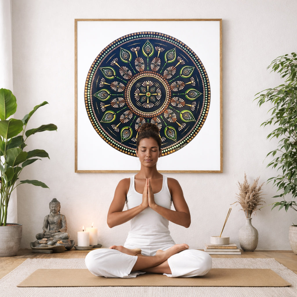 Intricate mandala with a cross shape at the center surrounded by geometric symmetry, detailed meditation artwork on a poster.  The mandala poster is framed and is in the center of the living room wall. There is a woman meditating facing away from the wall. Behind her is a coffee table with incense and a Buddha statue. There are potted plants on the right and left side of the background. 
