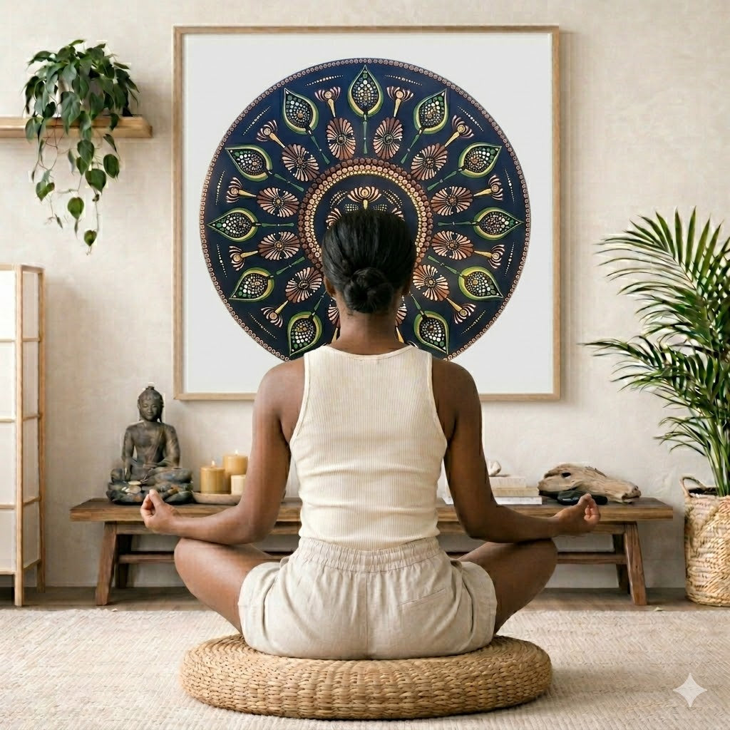 Intricate mandala with a cross shape at the center surrounded by geometric symmetry, detailed meditation artwork on a poster.  The mandala is framed hanging on a living room wall. A woman is mediating facing the mandala. There is a coffee table in front of her with candles and a Buddha statue. There are green potted plants on each side of the room.
