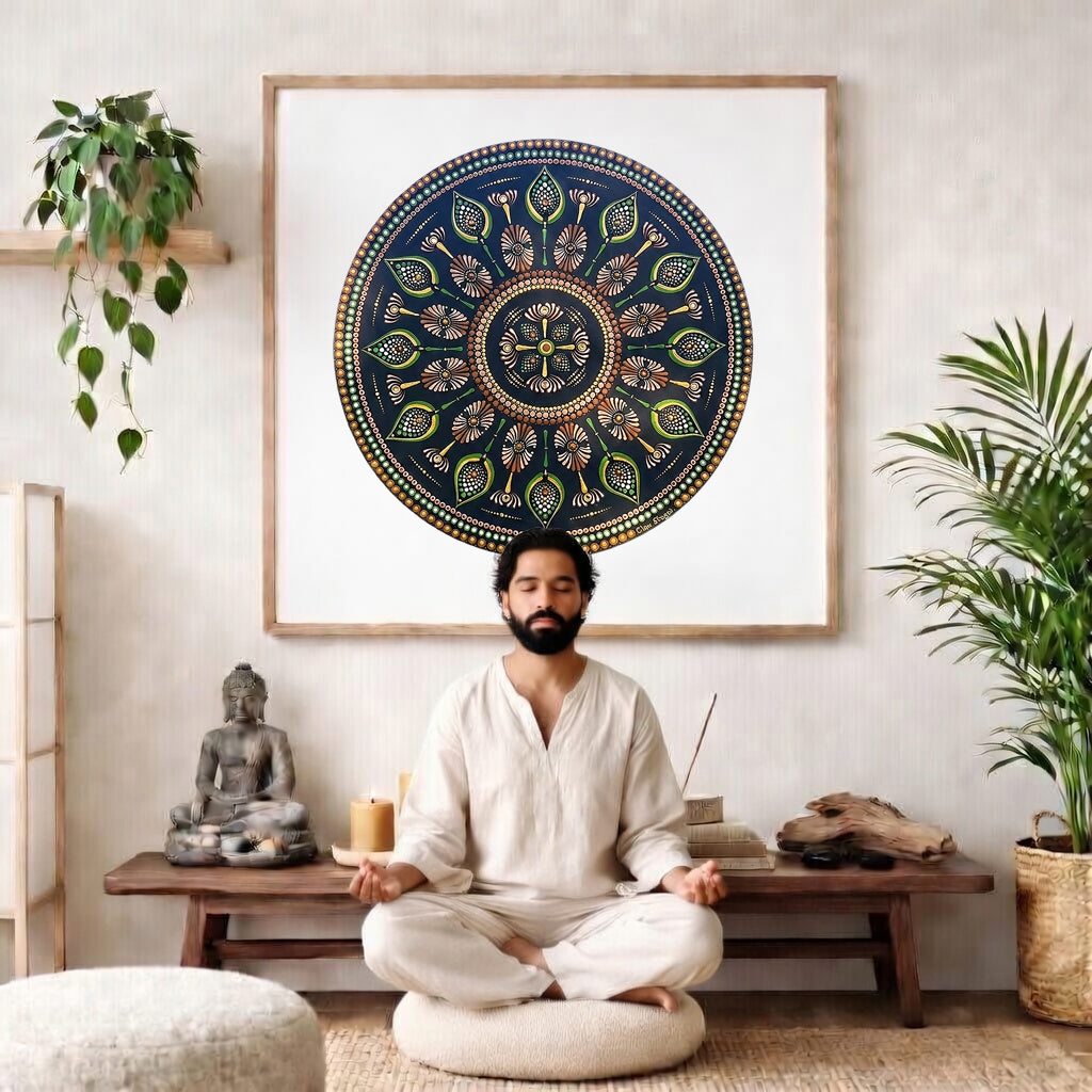 Intricate mandala with a cross shape at the center surrounded by geometric symmetry, detailed meditation artwork on a poster. The mandala poster is framed and is in the center of the living room wall. There is a Hispanic man meditating facing away from the wall. Behind him is a coffee table with burning ncense and a Buddha statue. There are potted plants on the right and left side of the background. 
