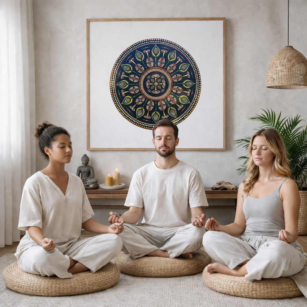 Intricate mandala with a cross shape at the center surrounded by geometric symmetry, detailed meditation artwork on a poster.  Three friends are sitting on wicker pillows meditating in a living room. The mandala framed is on the wall behind them. The table behind them has a Buddha statue and a lit candle. There is a white curtain to the left and a hanging lamp and a potted green plant on the right.