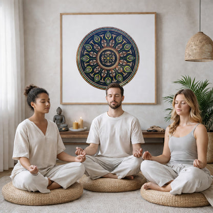 Intricate mandala with a cross shape at the center surrounded by geometric symmetry, detailed meditation artwork on a poster.  Three friends are sitting on wicker pillows meditating in a living room. The mandala framed is on the wall behind them. The table behind them has a Buddha statue and a lit candle. There is a white curtain to the left and a hanging lamp and a potted green plant on the right.