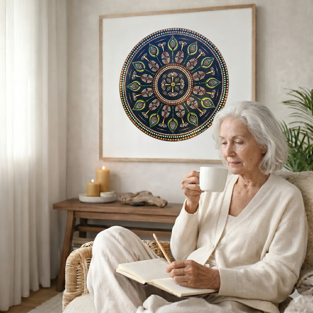 Intricate mandala with a cross shape at the center surrounded by geometric symmetry, detailed meditation artwork on a poster.  The mandala poster is framed and is in the center of the living room wall. There is a coffee table below the poster with burning candles. An elderly woman is sitting in a wicker chair on the right side of the mandala with a cup of tea writing in her journal.
