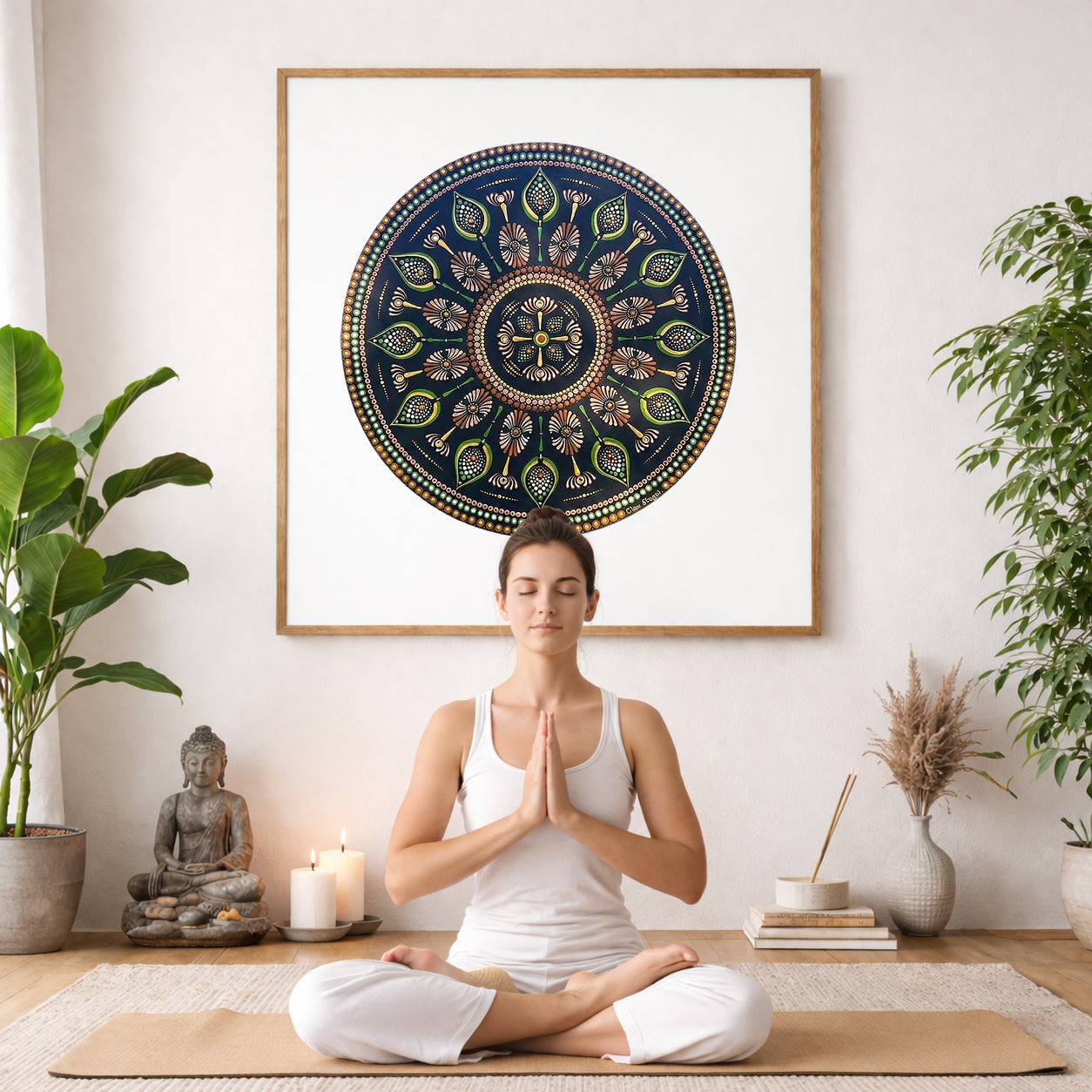Intricate mandala with a cross shape at the center surrounded by geometric symmetry, detailed meditation artwork on a poster.  The mandala poster is framed and is in the center of the living room wall. A woman is meditating facing toward the front with praying hands. There is a potted green plant to her right and a potted green plant and Buddha statue to her left.
