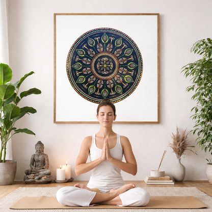 Intricate mandala with a cross shape at the center surrounded by geometric symmetry, detailed meditation artwork on a poster.  The mandala poster is framed and is in the center of the living room wall. A woman is meditating facing toward the front with praying hands. There is a potted green plant to her right and a potted green plant and Buddha statue to her left.
