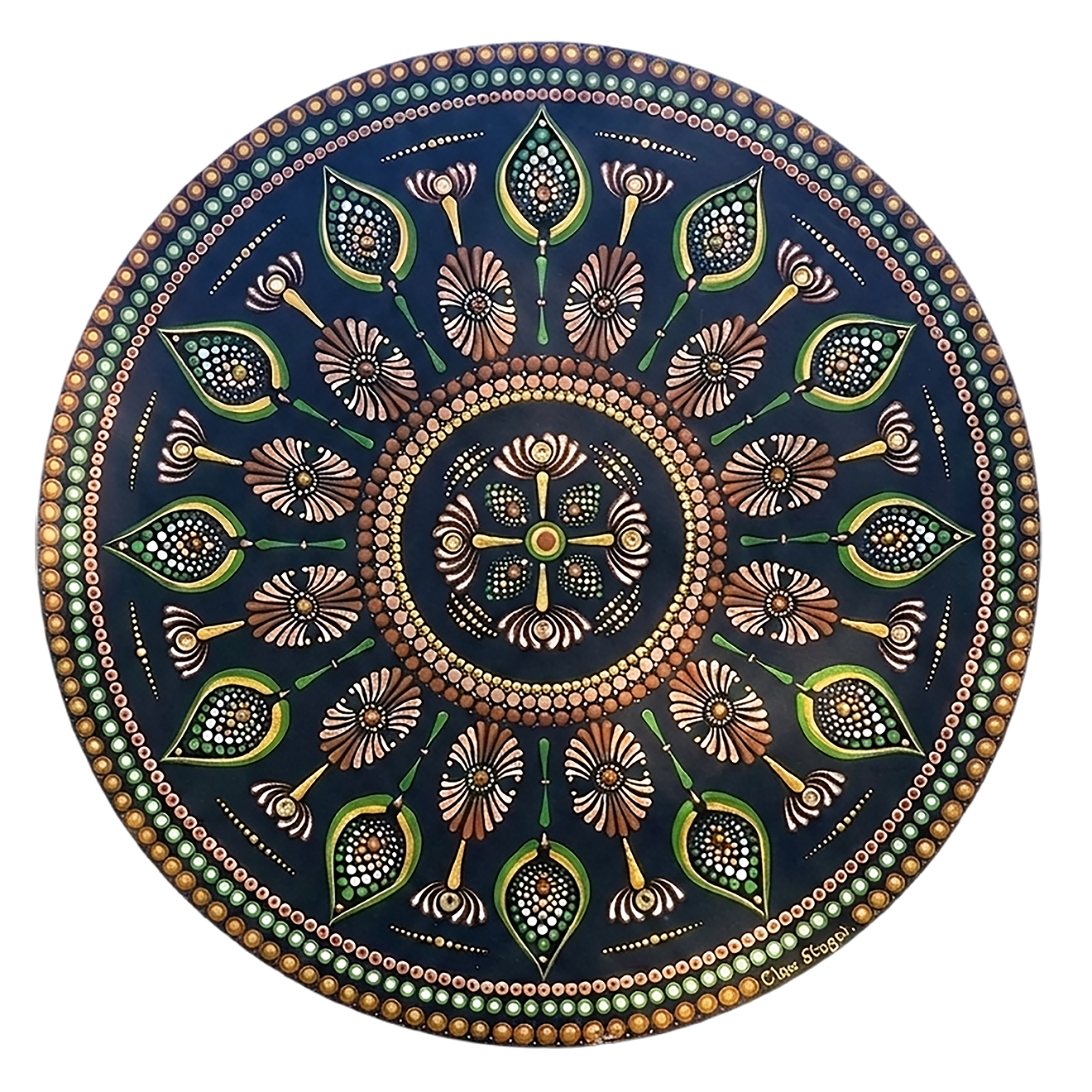 Thumbnail of a Intricate mandala with a cross shape at the center surrounded by geometric symmetry, detailed meditation artwork on a poster.  This is a print of the original hand-painted mandala by Brazilian artist Claudia Stagni.
