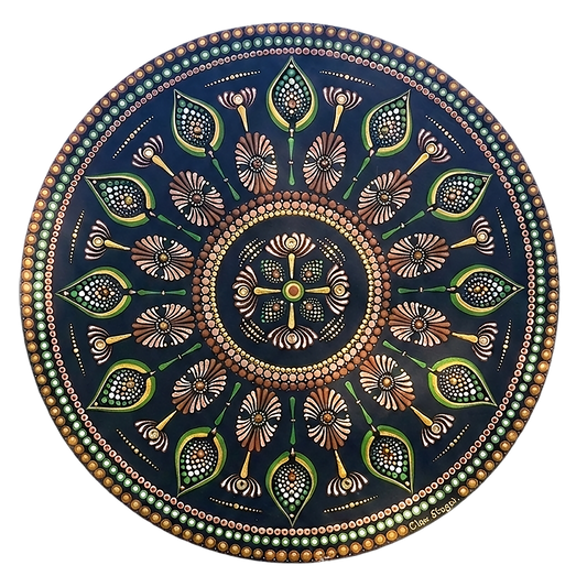 Thumbnail of a Intricate mandala with a cross shape at the center surrounded by geometric symmetry, detailed meditation artwork on a poster.  This is a print of the original hand-painted mandala by Brazilian artist Claudia Stagni.
