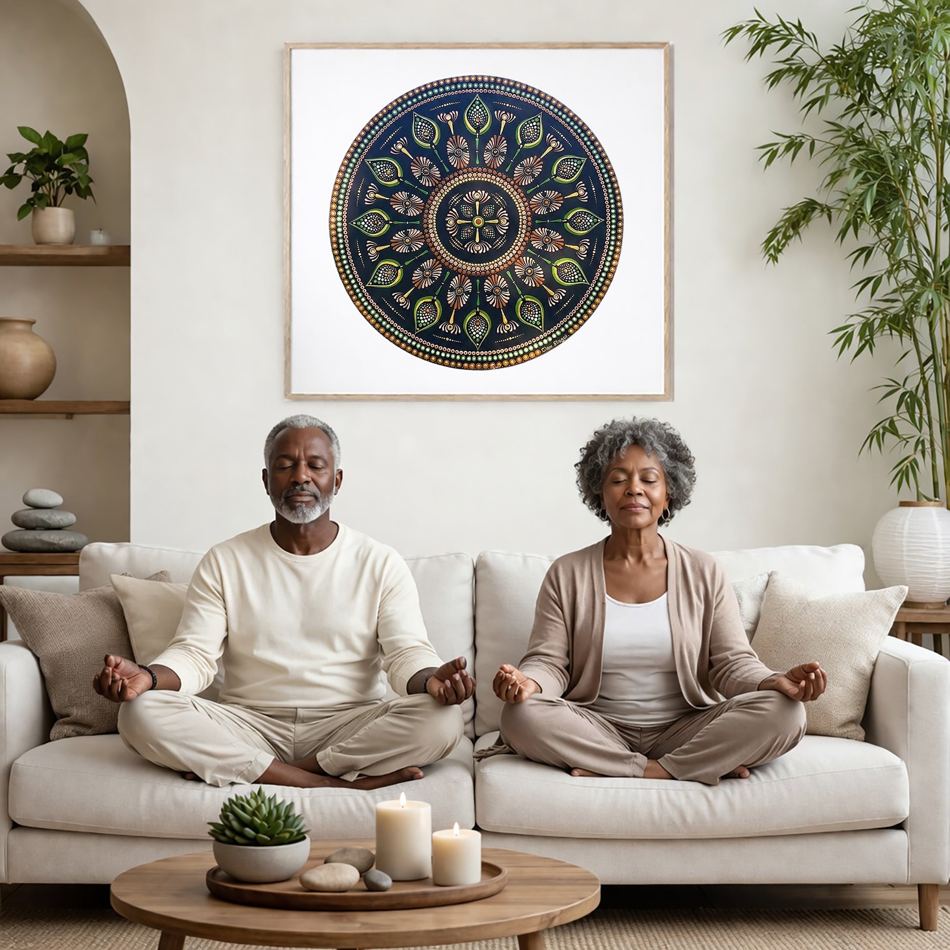 Intricate mandala with a cross shape at the center surrounded by geometric symmetry, detailed meditation artwork on a poster. An elderly couple is meditating on their couch. The mandala is framed on a wall behind them. There is a coffee table in front with candles burning and a potted plant. There is a potted plant to the right and shelves on the left. 
