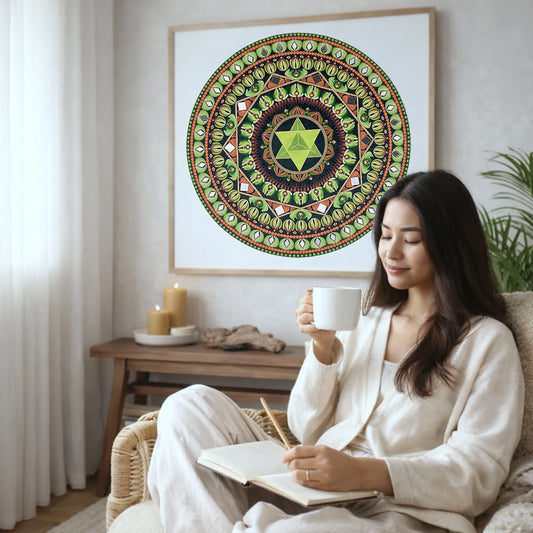 Mandala with a green star shape at the center surrounded by detailed symmetrical patterns, meditation artwork printed on a poster.  The mandala poster is framed and is in the center of the living room wall. There is a coffee table below the poster with burning candles. A woman is sitting in a wicker chair on the right side of the mandala with a cup of tea writing in her journal.
