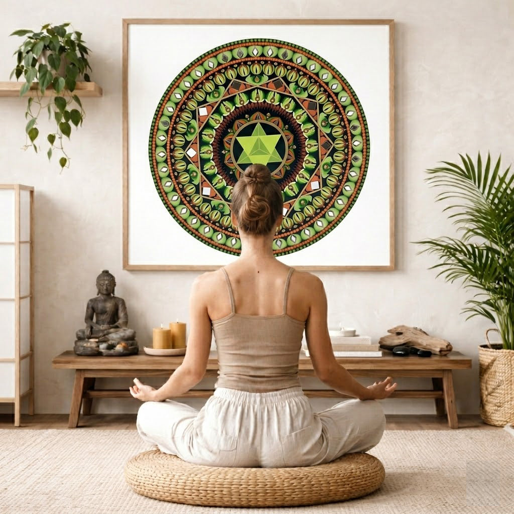 Mandala with a green star shape at the center surrounded by detailed symmetrical patterns, meditation artwork printed on a poster.  The mandala poster is framed and is in the center of the living room wall. There is a woman meditating facing away from the wall. Behind her is a coffee table with incense and a Buddha statue. There are potted plants on the right and left side of the background. 
