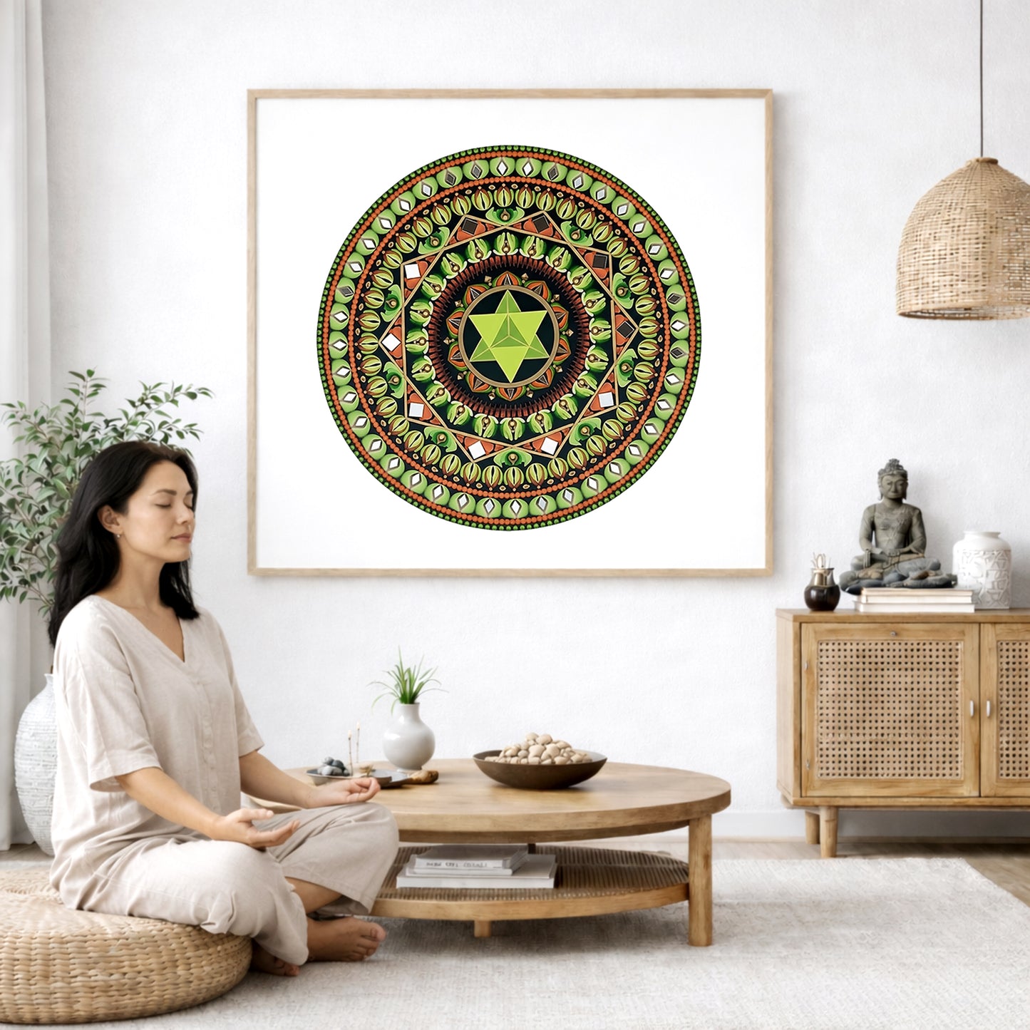 Mandala with a green star shape at the center surrounded by detailed symmetrical patterns, meditation artwork printed on a poster.  The mandala poster is framed and is in the center of the living room wall. A woman is on a chair on the left side of his living room meditating. There is a green potted plant behind her. On the right side is a cabinet with a Buddha statue on it.
