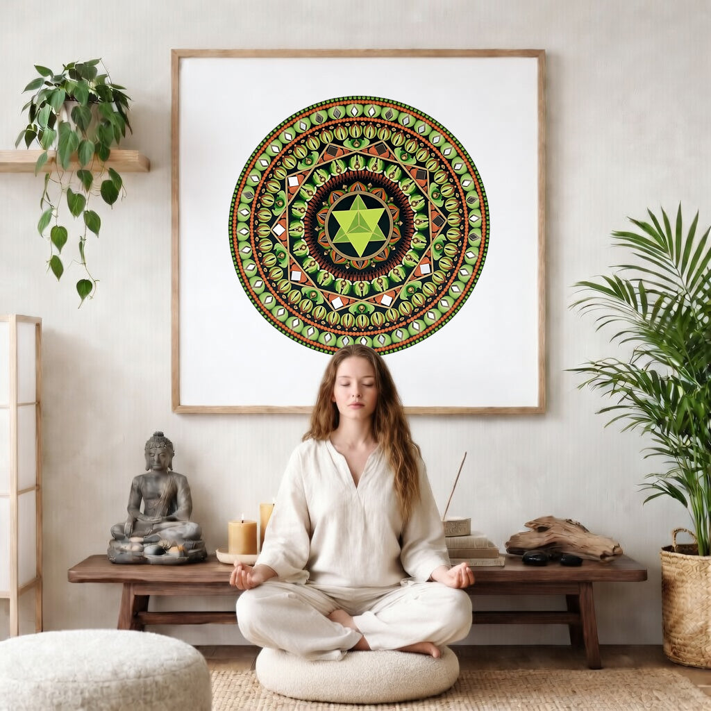 Mandala with a green star shape at the center surrounded by detailed symmetrical patterns, meditation artwork printed on a poster.  The mandala poster is framed and is in the center of the living room wall. There is a woman meditating facing away from the wall. Behind her is a coffee table with incense and a Buddha statue. There are potted plants on the right and left side of the background. 
