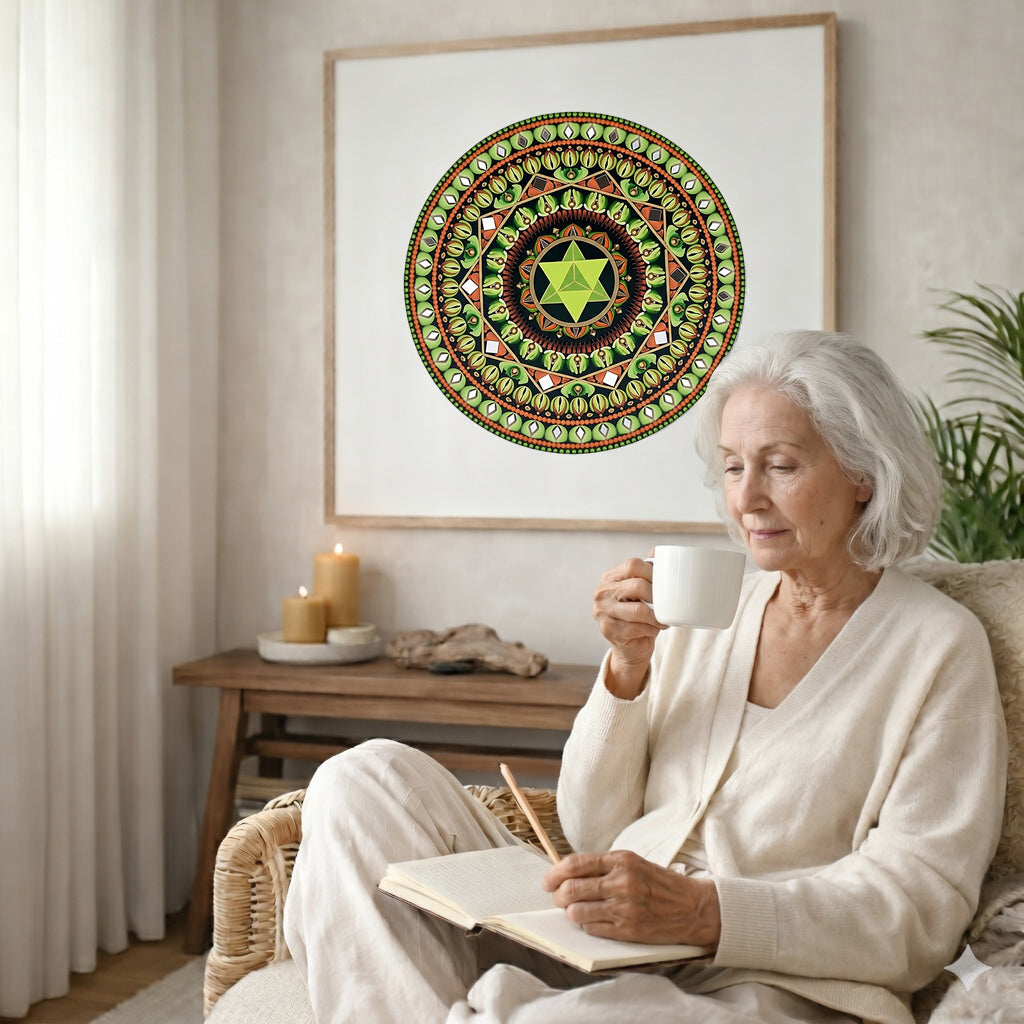 Mandala with a green star shape at the center surrounded by detailed symmetrical patterns, meditation artwork printed on a poster.  The mandala poster is framed and is in the center of the living room wall. There is a coffee table below the poster with burning candles. An elderly woman is sitting in a wicker chair on the right side of the mandala with a cup of tea writing in her journal. There is a green potted plant behind her.
