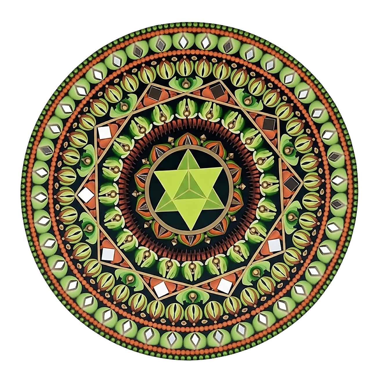 Thumbnail of a Mandala with a green star shape at the center surrounded by detailed symmetrical patterns, meditation artwork printed on a poster.  This is a print of the original hand-painted mandala by Brazilian artist Claudia Stagni.
