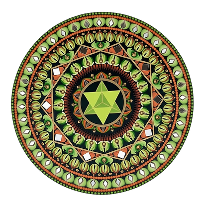 Thumbnail of a Mandala with a green star shape at the center surrounded by detailed symmetrical patterns, meditation artwork printed on a poster.  This is a print of the original hand-painted mandala by Brazilian artist Claudia Stagni.