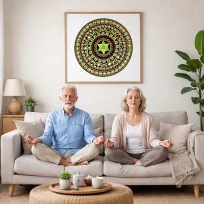 Mandala with a green star shape at the center surrounded by detailed symmetrical patterns, meditation artwork printed on a poster.  An elderly couple is meditating on their couch. The mandala is framed on a wall behind them. There is a coffee table in front with candles burning and a potted plant. There is a potted plant to the right and shelves on the left. 
