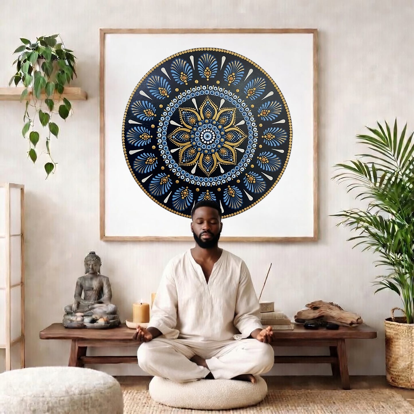 Mandala with ornate gold outer rim and layered symmetrical patterns, elegant meditation artwork printed on a mindfulness poster.  The mandala poster is framed and is in the center of the living room wall. There is a man meditating facing away from the wall. Behind him is a coffee table with incense and a Buddha statue. There are potted plants on the right and left side of the background. 

