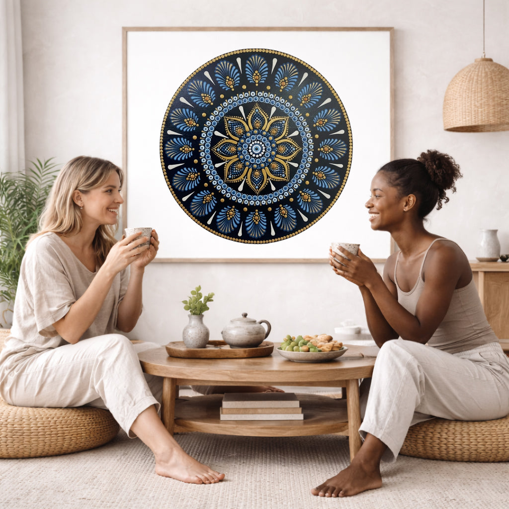 Mandala with ornate gold outer rim and layered symmetrical patterns, elegant meditation artwork printed on a mindfulness poster.  The mandala poster is framed and is in the center of the living room wall. Two female friends are having tea, grapes and cookies on a coffee table in front of the mandala poster. On the left there is a green potted plant and to the right there is a hanging lamp.

