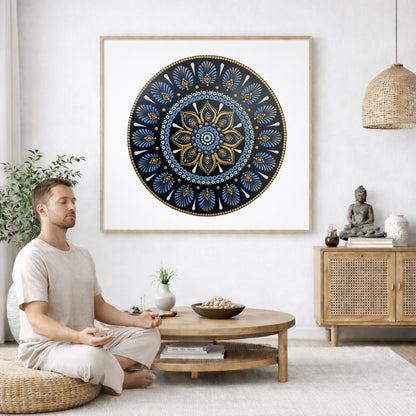 Mandala with ornate gold outer rim and layered symmetrical patterns, elegant meditation artwork printed on a mindfulness poster.  The mandala poster is framed and is in the center of the living room wall. A man is on a chair on the left side of his living room meditating. On the right side is a cabinet with a Buddha statue on it.
