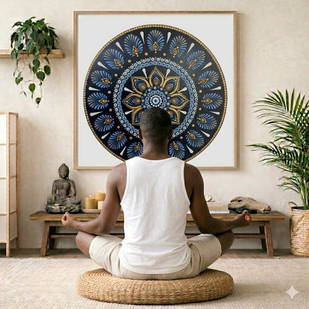Mandala with ornate gold outer rim and layered symmetrical patterns, elegant meditation artwork printed on a mindfulness poster.  The mandala is framed hanging on a living room wall. A man is mediating facing the mandala. There is a coffee table in front of him with burning candles and a Buddha statue. There are green potted plants on each side of the room.
